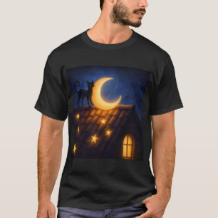 Maanverlichte kat op sterren dakrand t-shirt