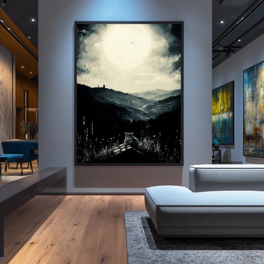 maanverlichte kat, rustig nachtlandschap poster