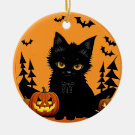 Maanverlichte Kattejuffrouw & Pompoen Halloween Ma Keramisch Ornament