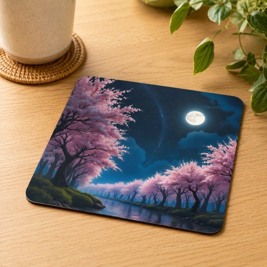 Maanverlichte Kersenbloesem Anime Landschap Kartonnen Onderzetters