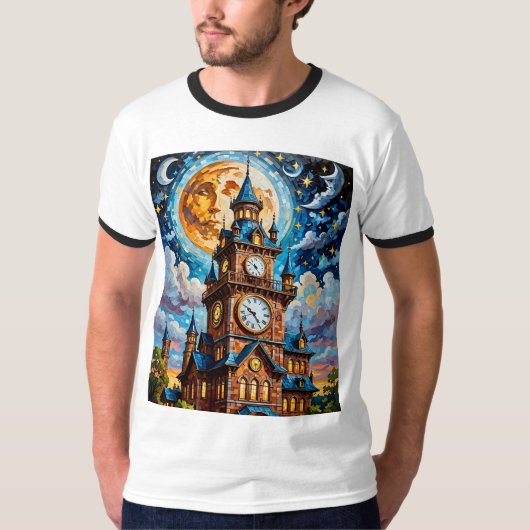 Maanverlichte klokkentoren Fantasy Art Tshirt (Voorkant)
