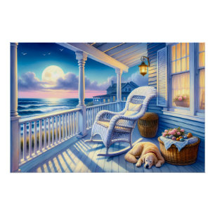 Maanverlichte kustveranda met hond en zeezicht perfect poster