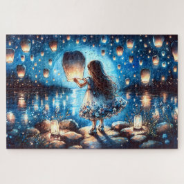 Maanverlichte Lantaarn Meer Meisje Legpuzzel