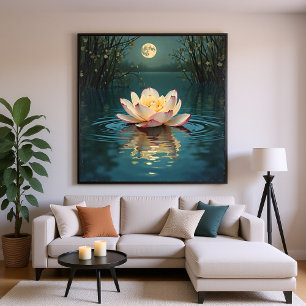 Maanverlichte Lotus Bloem op Water - Rustige Nacht Perfect Poster