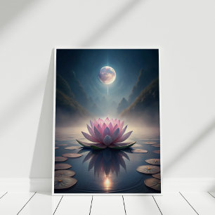 Maanverlichte Lotus Tuin – Rustige Maanreflectie Poster