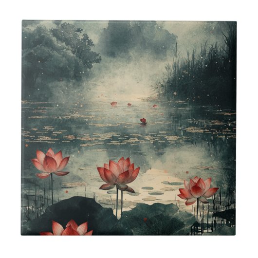 Maanverlichte Lotusmeer (2) Tegeltje (Voorkant)