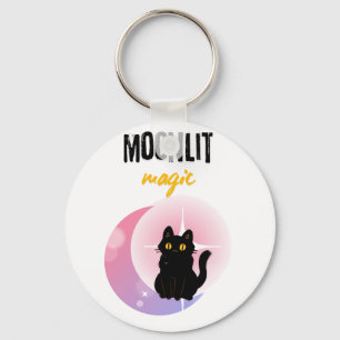 Maanverlichte Magie Zwarte Kat T-shirt Schattig Sleutelhanger