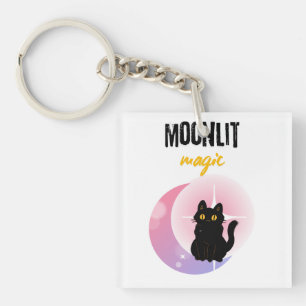 Maanverlichte Magie Zwarte Kat T-Shirt Schattig Sleutelhanger