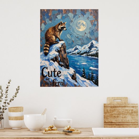 Maanverlichte Majesteit: Wasbeer boven het besneeu Poster (Keuken)