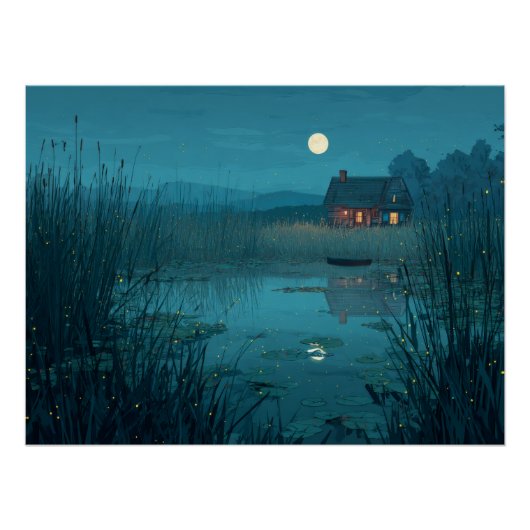 Maanverlichte meerhut Sereniteit Kunst Perfect Poster (Voorkant)
