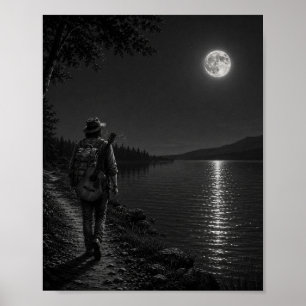 Maanverlichte Meerwandelaar Zwart-Wit Poster