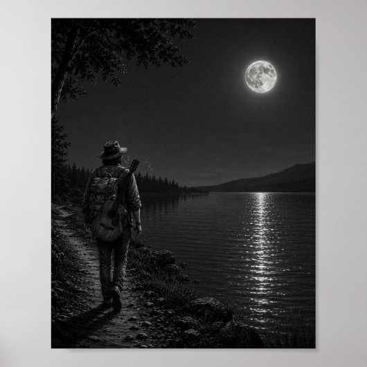 Maanverlichte Meerwandelaar Zwart-Wit Poster (Voorkant)