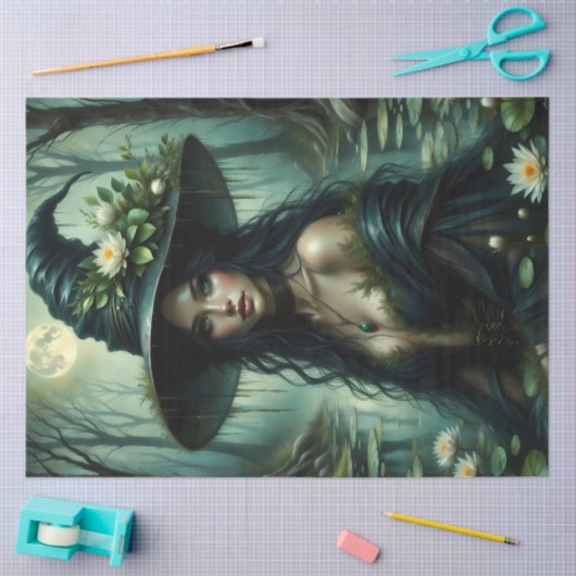 Maanverlichte moerasheks met waterlelies en betove tissuepapier (Craft)