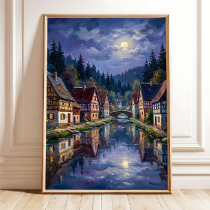 Maanverlichte Nacht Dorps Canvas Kunstprint Poster