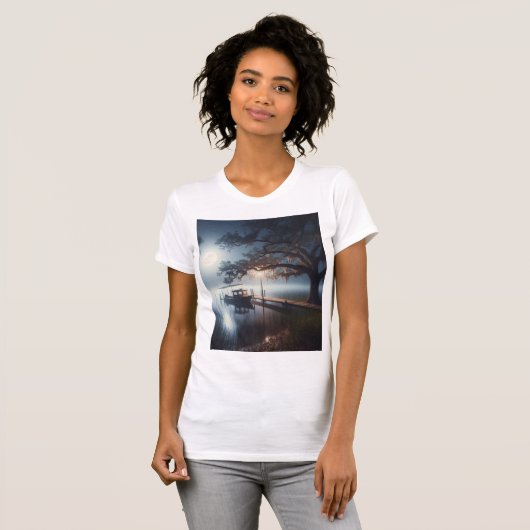 Maanverlichte nacht van de boot op het meer t-shirt (Voorkant volledig)