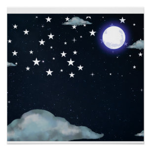Maanverlichte Nachtelijke Hemel Sterren Poster