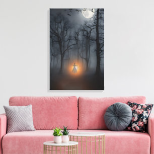 Maanverlichte Nevelige Bos & Glinsterende Figuur I Canvas Afdruk