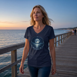 Maanverlichte Oceaan Hemelachtige Nacht V-Neck T-s T-shirt