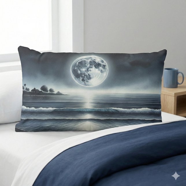 Maanverlichte oceaangolven hemelse nachtelijke hem kussen (Moonlit Ocean Waves Celestial Night Sky Lumbar Pillow Mockup A)