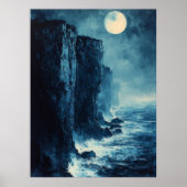Maanverlichte oceaankliffen in monochroom blauw poster (Voorkant)