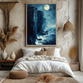 Maanverlichte oceaankliffen in monochroom blauw poster