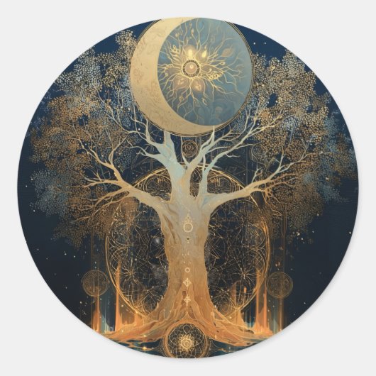 Maanverlichte Opstijging | Boom des Levens-ontwerp Ronde Sticker (Voorkant)
