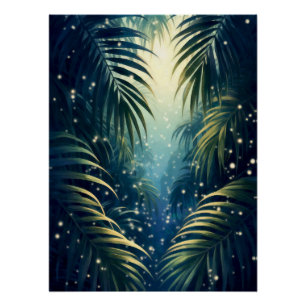 Maanverlichte palmenbladeren met vuurvliegjes, aqu perfect poster