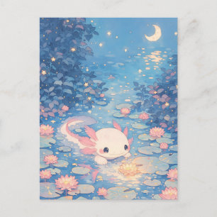 Maanverlichte Pastel Kawaii Axolotl Vijver Briefkaart