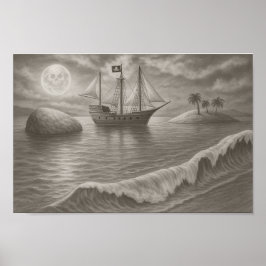 Maanverlichte Piraatsschip Tekening – Nautilus Fan Poster