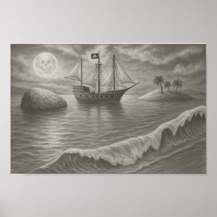 Maanverlichte Piraatsschip Tekening – Nautilus Fan Poster