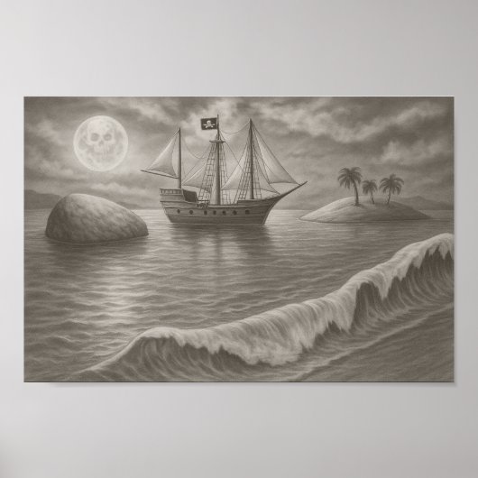 Maanverlichte Piraatsschip Tekening – Nautilus Fan Poster (Voorkant)