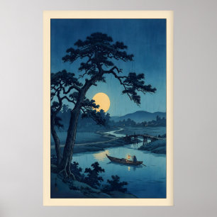 Maanverlichte rivierprint Japanse houtblokstijl na Poster