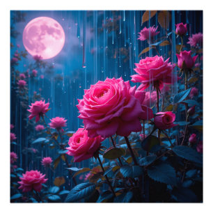 Maanverlichte Roze Roos Regen Foto Print Muur Deco Afdruk