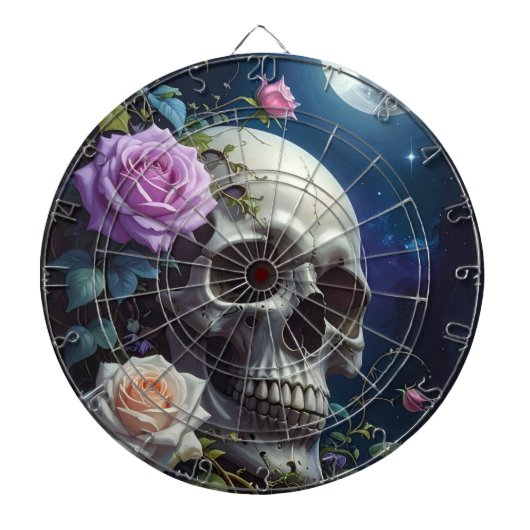 Maanverlichte Rozen Schedel Dartbord (Voorkant)