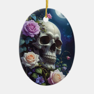 Maanverlichte Rozen Schedel Keramisch Ornament