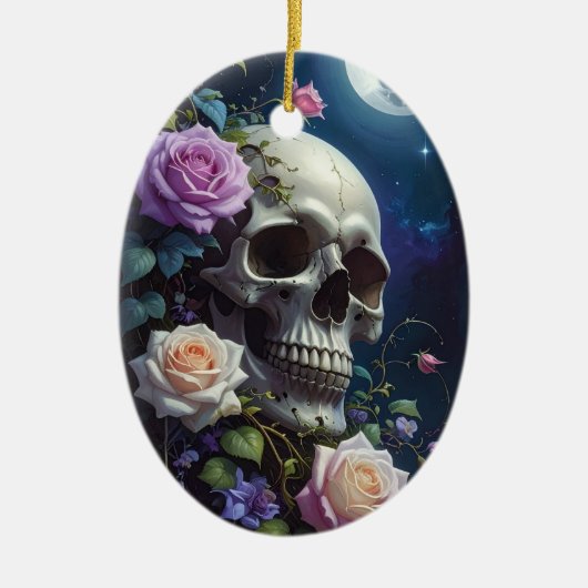 Maanverlichte Rozen Schedel Keramisch Ornament (Voorkant)