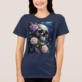 Maanverlichte Rozen Schedel Tri-Blend Shirt