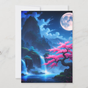 Maanverlichte Sakura & Waterval Japanse RSVP kaart