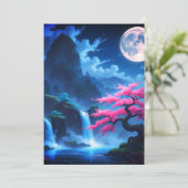 Maanverlichte Sakura & Waterval Japanse RSVP kaart (Staand voorkant)