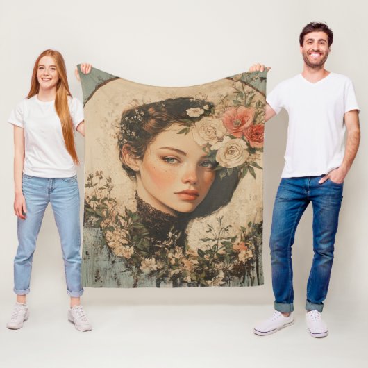 Maanverlichte schoonheid - Vrouw met bloem en voll Fleece Deken (In situ)
