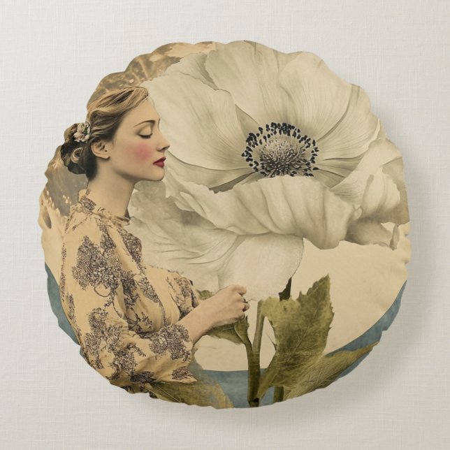 Maanverlichte schoonheid - Vrouw met witte bloem e Rond Kussen (Voorkant)