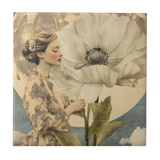 Maanverlichte schoonheid - Vrouw met witte bloem e Tegeltje (Voorkant)