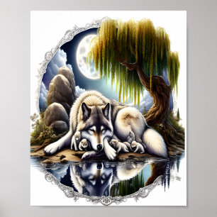 Maanverlichte Sereniteit Een Slapende Wolf 20x25cm Poster
