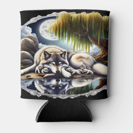 Maanverlichte sereniteit een sluimerende wolf blikjeskoeler (Voorkant)