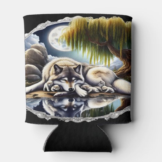 Maanverlichte sereniteit een sluimerende wolf blikjeskoeler (Achterkant)