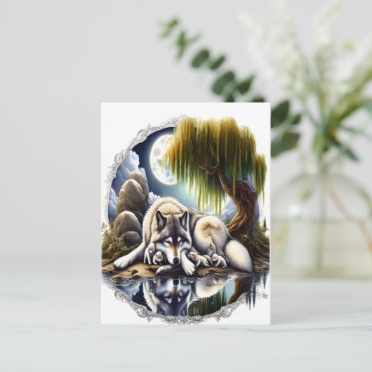 Maanverlichte sereniteit een sluimerende wolf briefkaart (Staand voorkant)