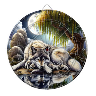 Maanverlichte sereniteit een sluimerende wolf dartbord