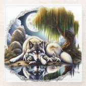 Maanverlichte sereniteit een sluimerende wolf glazen onderzetter (Voorkant)