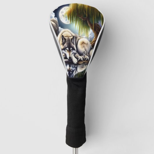 Maanverlichte sereniteit een sluimerende wolf golfheadcover (Voorkant)