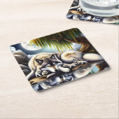 Maanverlichte sereniteit een sluimerende wolf kartonnen onderzetters (Schuin)